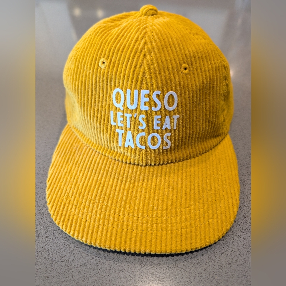 Frankie Jean Yellow Corduroy Cap "Queso Let's Eat Tacos"